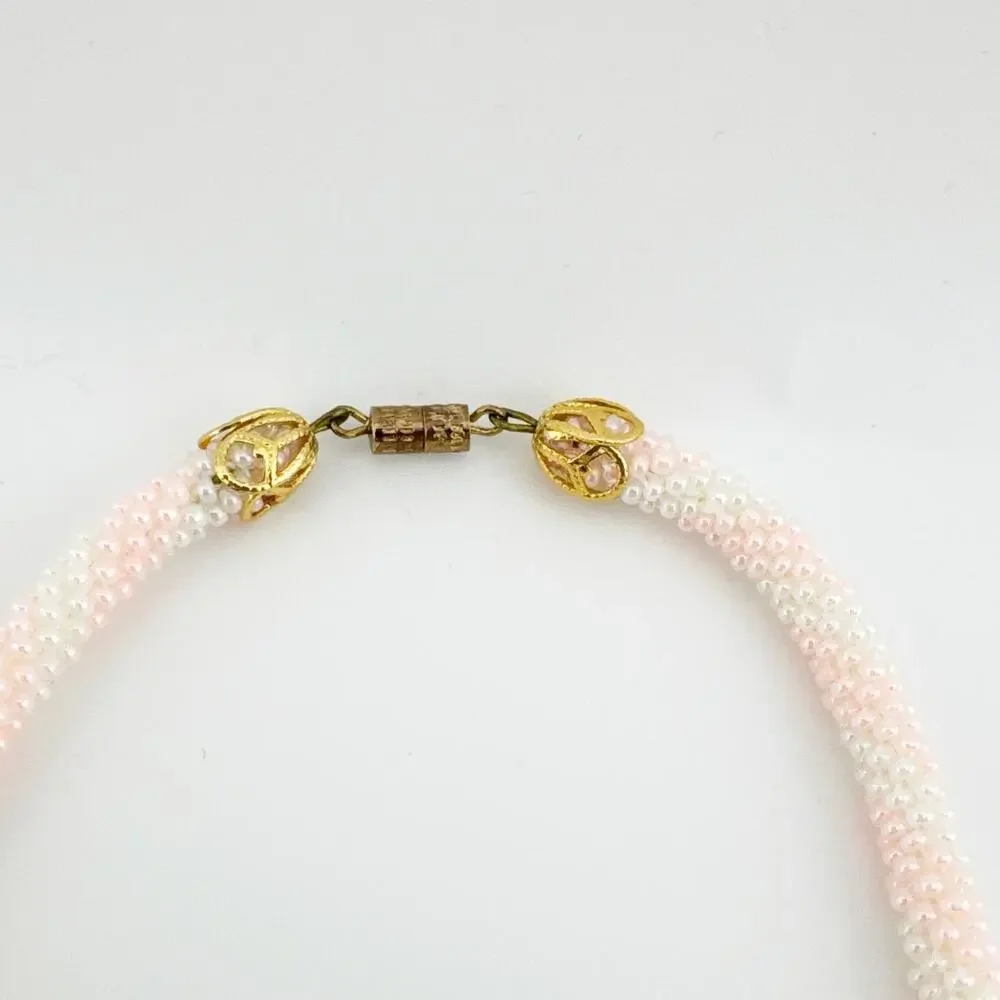 Vintage Pink White‎ Beaded Rope Necklace Gold Tone Filigree Clasp Handmade